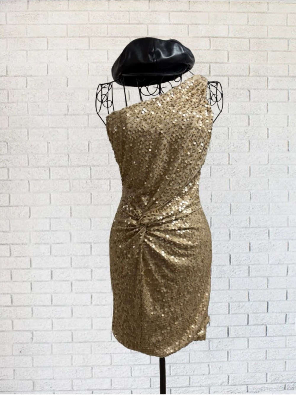 Y2K 90's Gold Sequin Bodycon Mini Party Disco Dress Women Small Asymmetrical